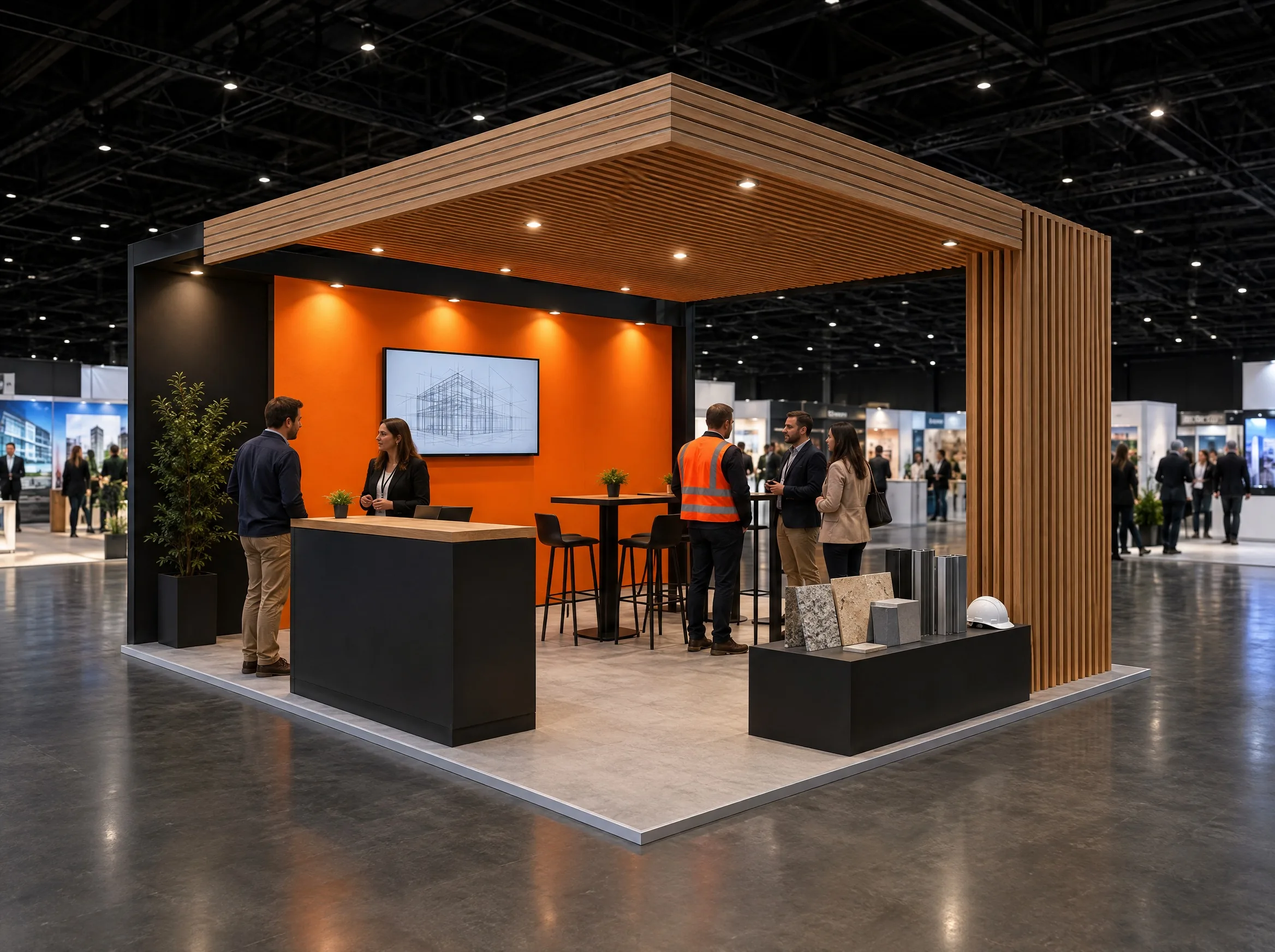 Stand de exposición con muro naranja, mostrador y mesas altas